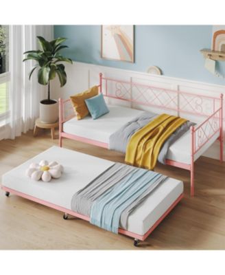 Daybed with Trundle Metal Twin Daybed Frame Headboard Platform Sofa Bed Metal Slats Bedroom Living Room Guest