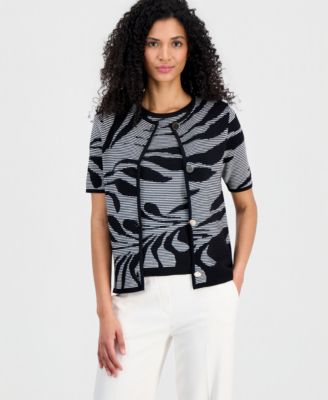 Women's Jacquard-Knit Short-Sleeve Cardigan Sweater