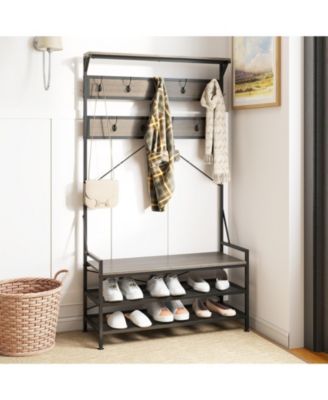 4-in-1 Hall Tree Coat Rack with 11 Hooks and Shoe Bench