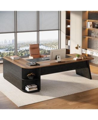 79-Inch Executive Desk, Large Office Desk with Cabinet, L-Shaped Compter Desk with Storage Shelves, Writing Table