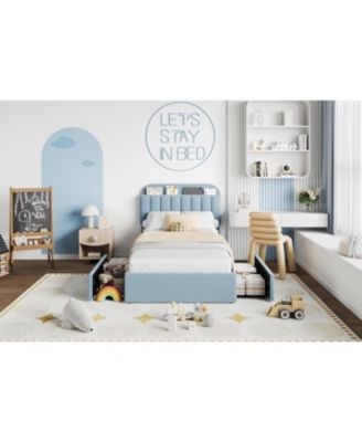 Bed Frame with Storage Headboard, Kids Bed Frame with 2 Drawers, Boucle Upholstered Platform Bed with Bookcase, No Box Spring Needed