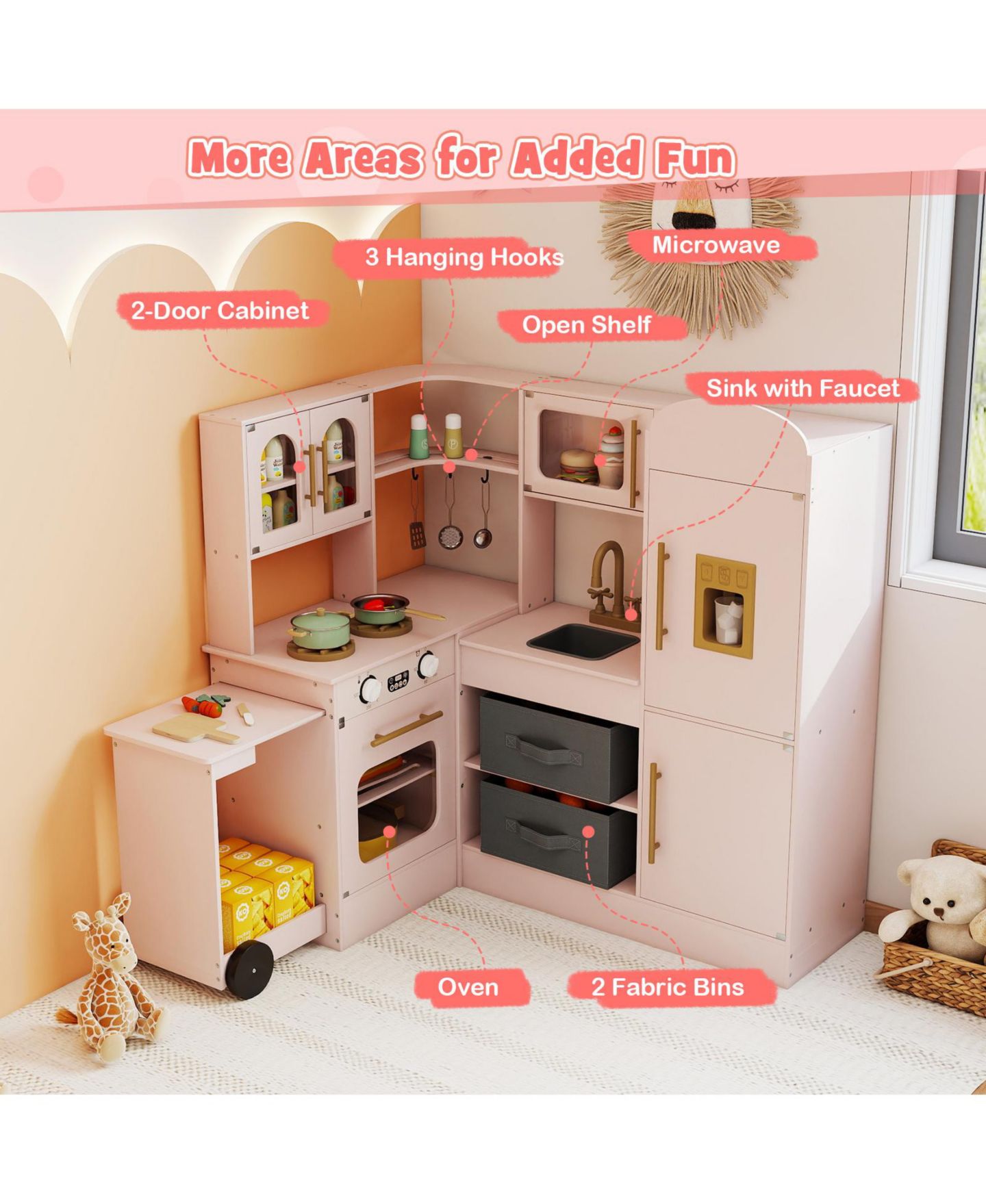 Детская игрушка Mecale Corner Wooden Kitchen with Lights & Sounds, Ages 3+, цвет: Розовый — фото 8