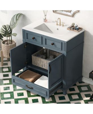 30'' Solid Wood Bathroom Vanity with Ceramic Sink, Soft Close Drawer & Ample Storage,  Retro Modern Cabinet for Easy Assembly