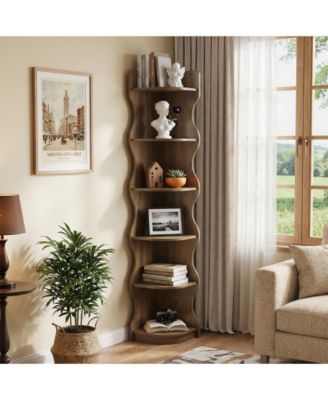 Modern 6-Tier Corner Shelf, 71'' Wavy Wall Corner Bookshelf, Unique Curvy Shape Corner Shelves Stand Plant Stand Display Rack