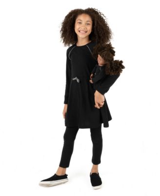 Girls Matching Girl & Doll Drawstring Cinch-Waist Long Sleeve Dress
