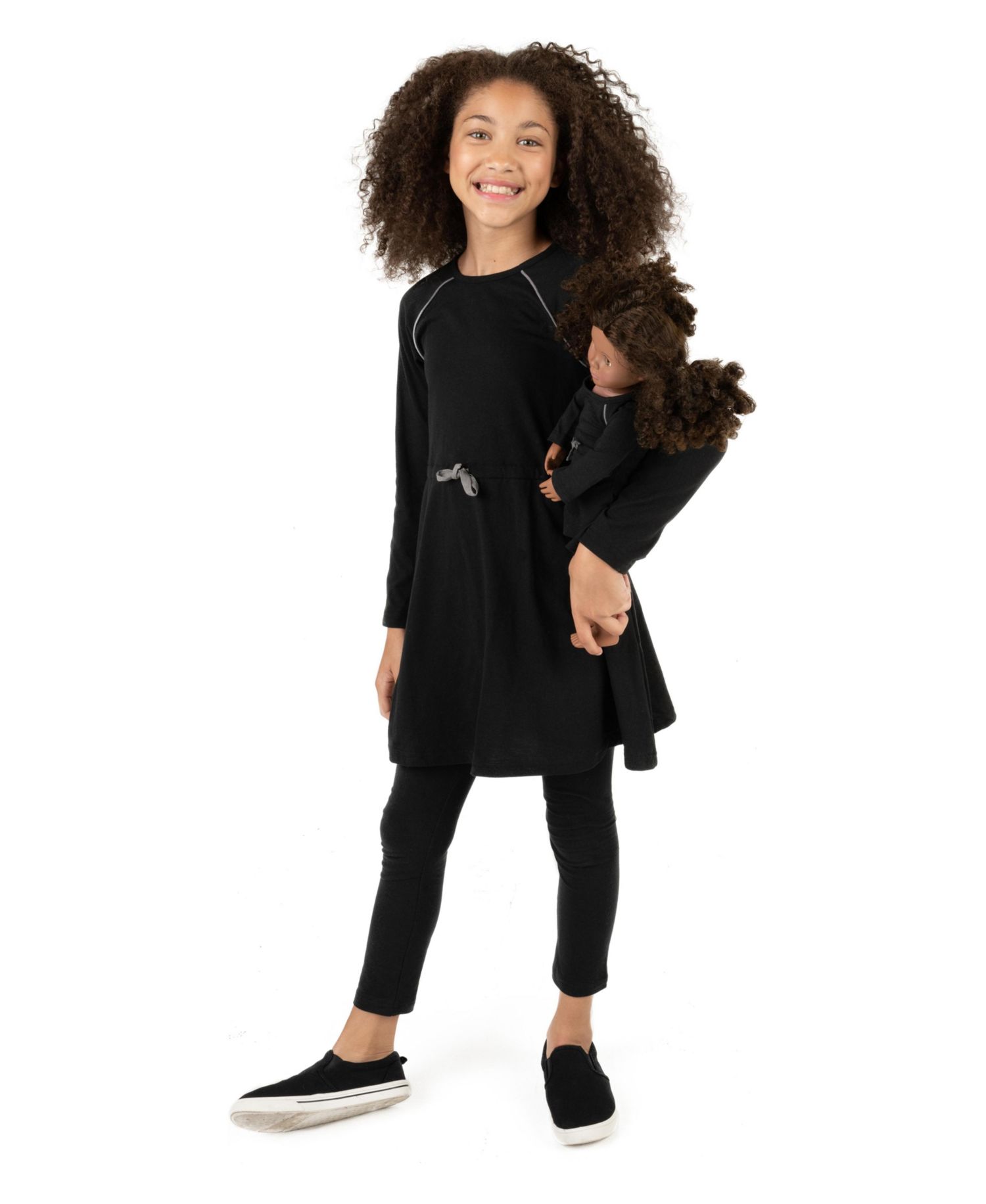 Girls Matching Girl & Doll Drawstring Cinch-Waist Long Sleeve Dress