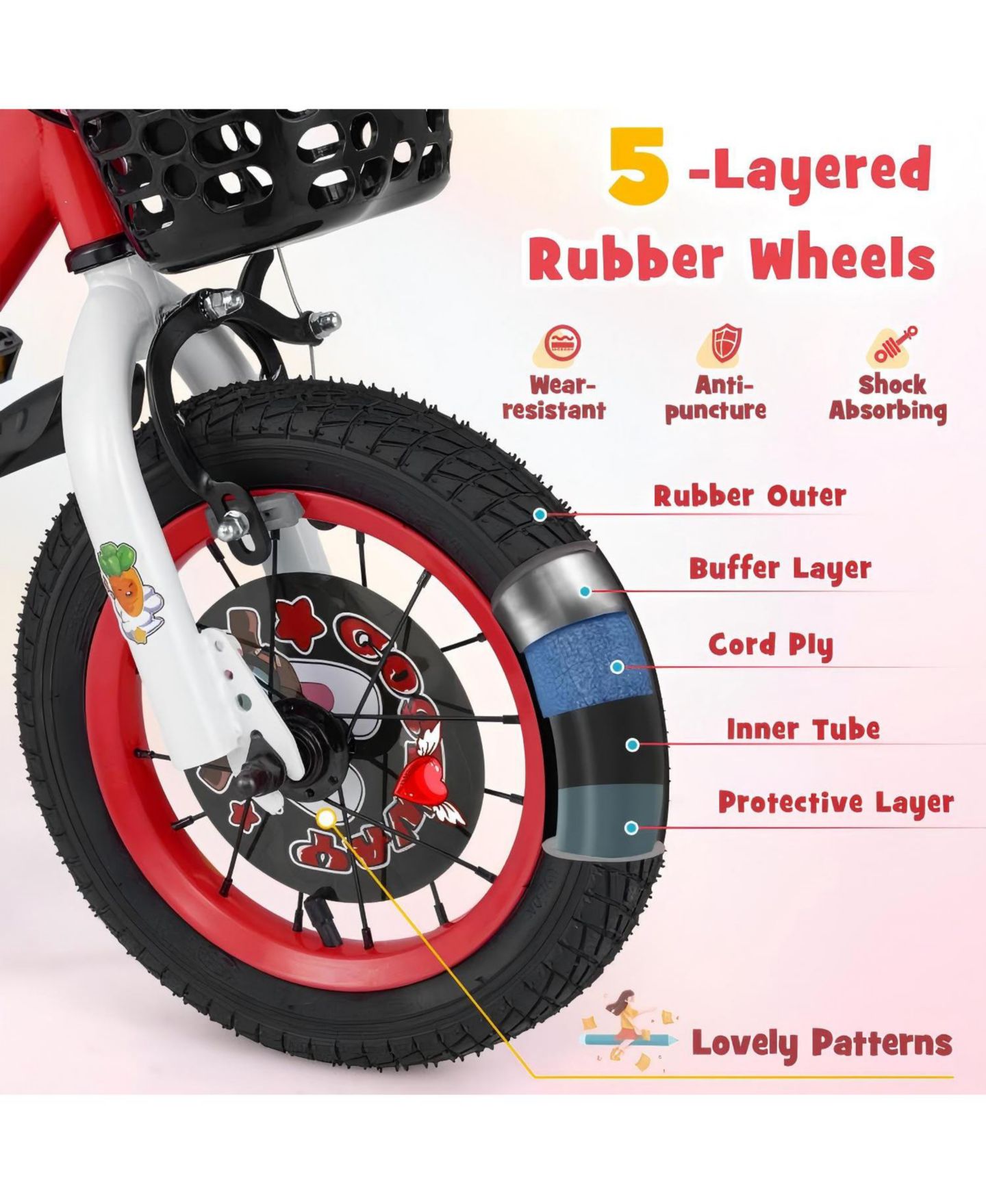 Детская игрушка HONGGE 14 Inch Kids Bike with Adjustable Seat, Storage Basket and Dual Brakes, Ages 3-5, цвет: Красный — фото 6