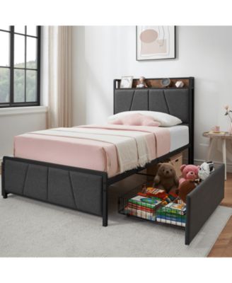 Twin Bed Frame 2 Storage Drawers Charging Station Linen Upholstered Platform Headboard Noise Free No Box Spring