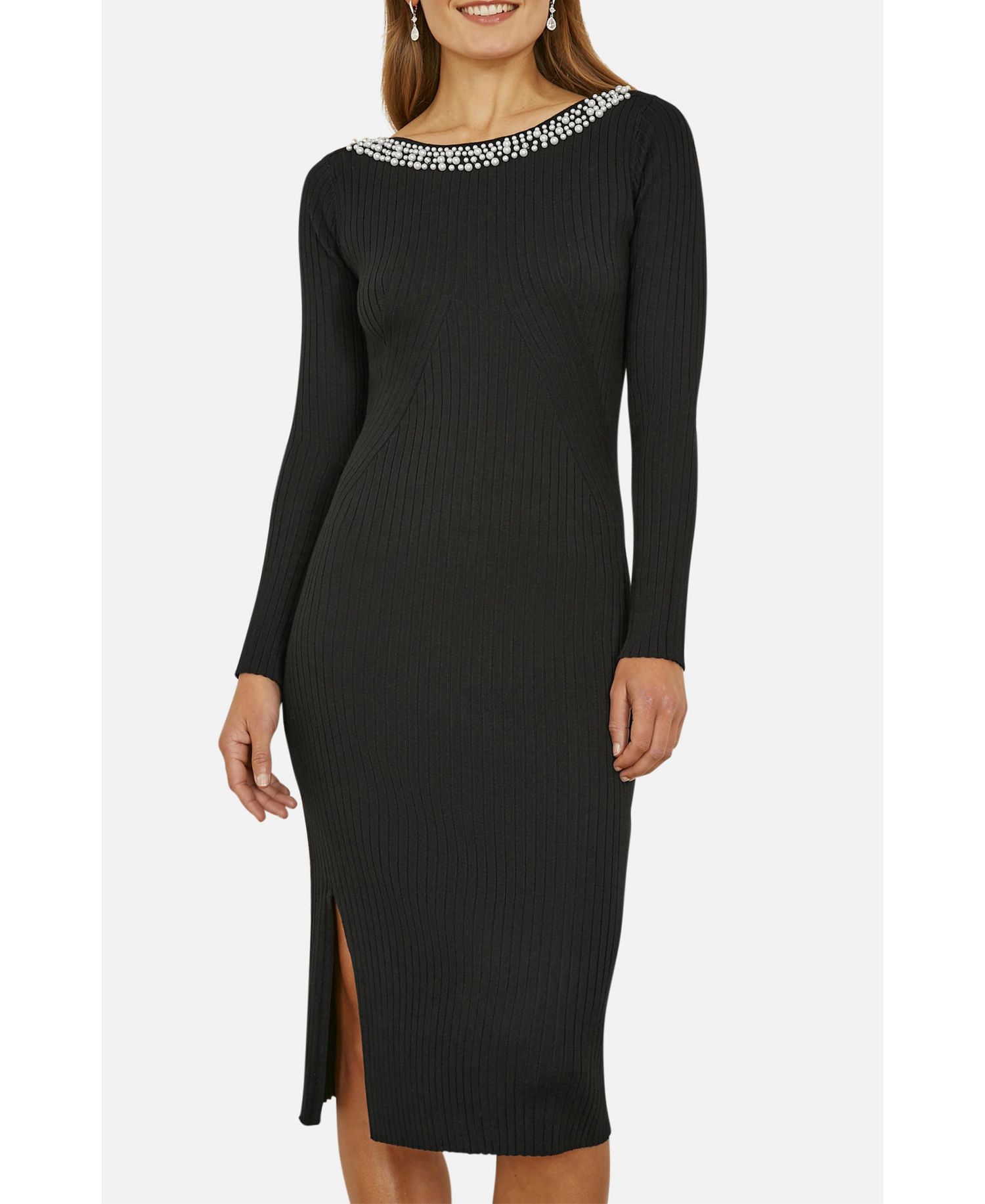 Women's Bedazzled Neck Fitted Midi Knitted Dress