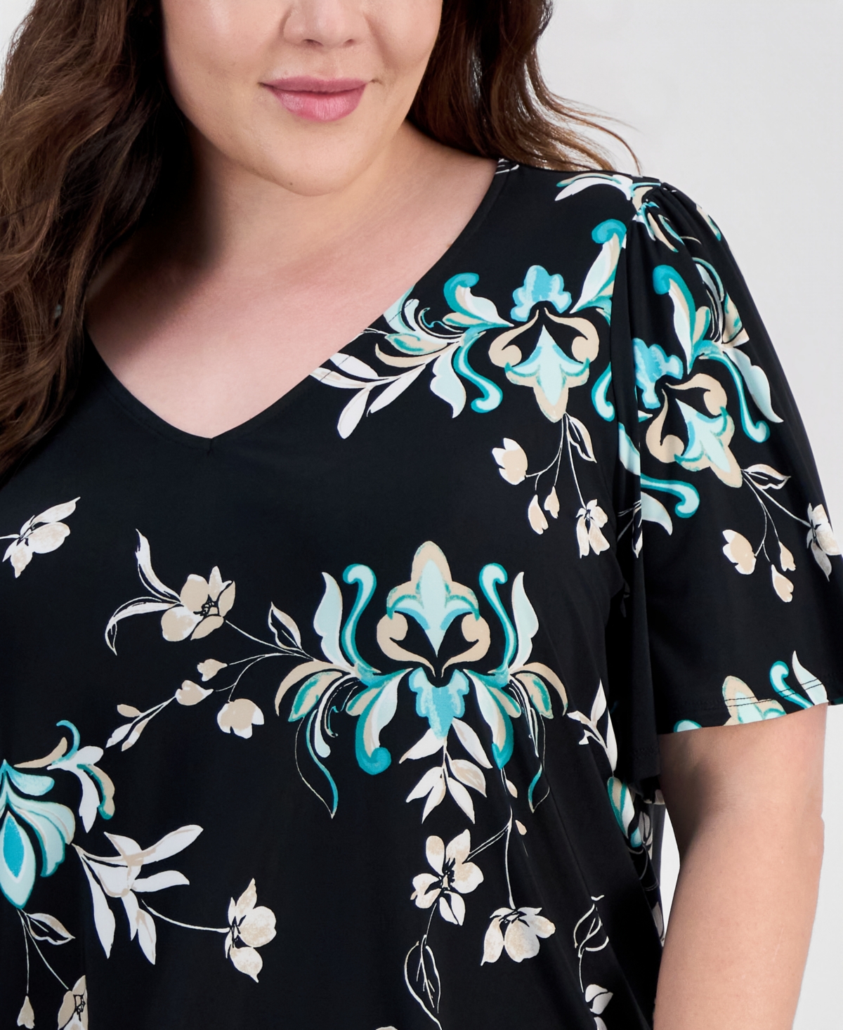 Jm Collection Plus Tossed Floral V-Neck Flutter-Sleeve Top, Macy's Exclusive