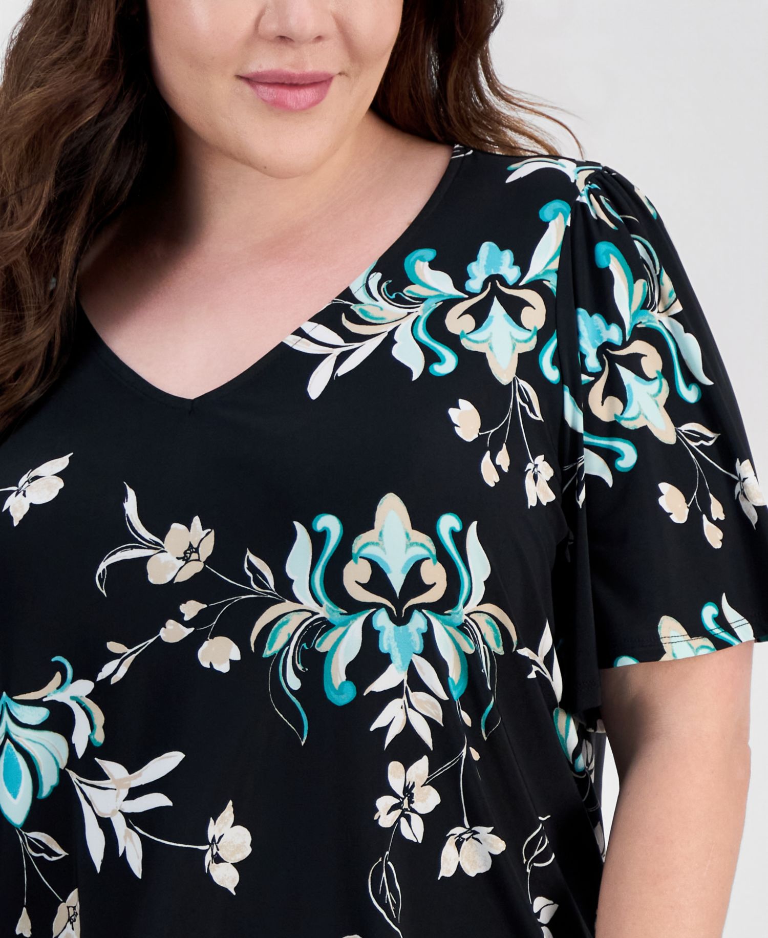 Plus Size Tossed Floral V-Neck Flutter-Sleeve Top