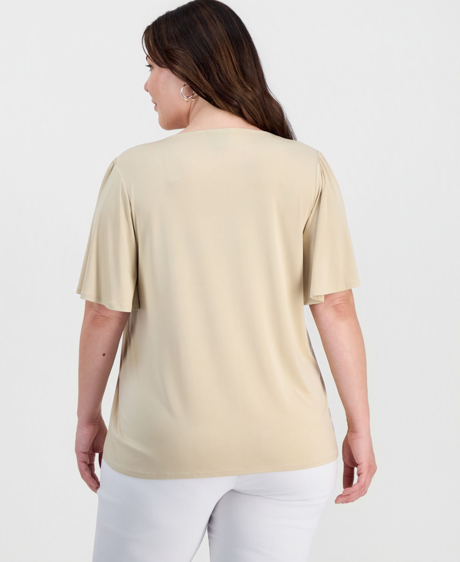 Plus Size Solid V-Neck Flutter-Sleeve Top