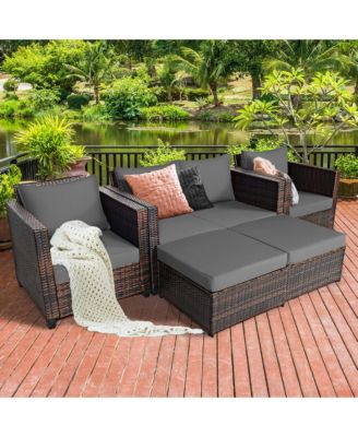 5PCS Patio Rattan Furniture Set Loveseat Sofa Ottoman Cushioned