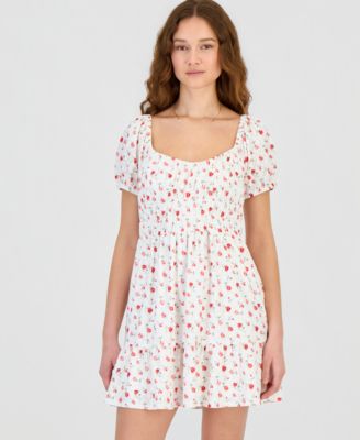 Juniors' Floral Print Eyelet Puff-Sleeve Mini Dress