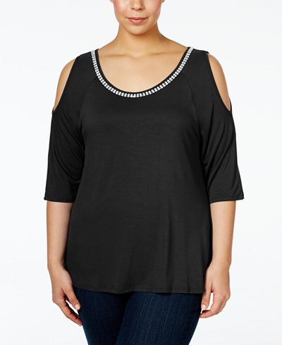 Belldini Plus Size Embellished Cold-Shoulder Top