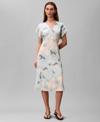 Women's Satin Print V-Neck Midi Dress