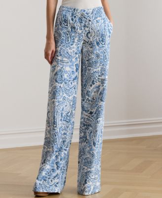 Petite Paisley-Print Linen Wide-Leg Pants