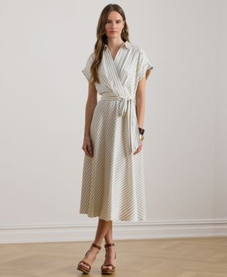 Petite Striped Belted Wrap Collared Midi Dress