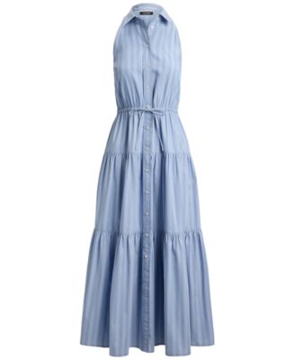 Petite Striped Tiered Collared Shirt Dress