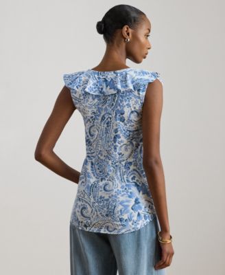 Petite Paisley-Print Ruffle-Trim Sleeveless Top