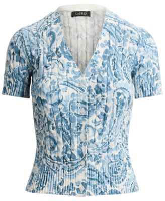 Petite Paisley-Print Cable-Knit V-Neck Cardigan