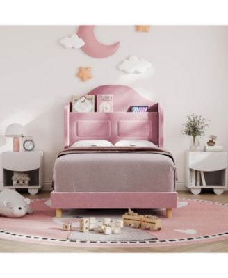 Upholstered Twin Bed Frame with LED Lights, Velvet Platform Bed Frame with Wing Back Storage Headboard, Wood Slats Support, Easy Assembly