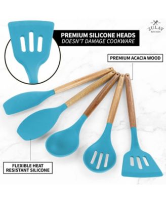 5 Piece Silicone Utensils Set with Authentic Acacia Wood Handles