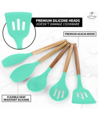 5 Piece Silicone Utensils Set with Authentic Acacia Wood Handles