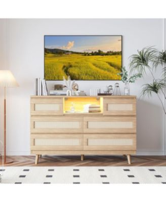Rattan Wooden Dresser for Bedroom with 6 Drawers,47 Inch Wide Modern Dresser with Charging Station & LED Lights,Open Shelves Living Room