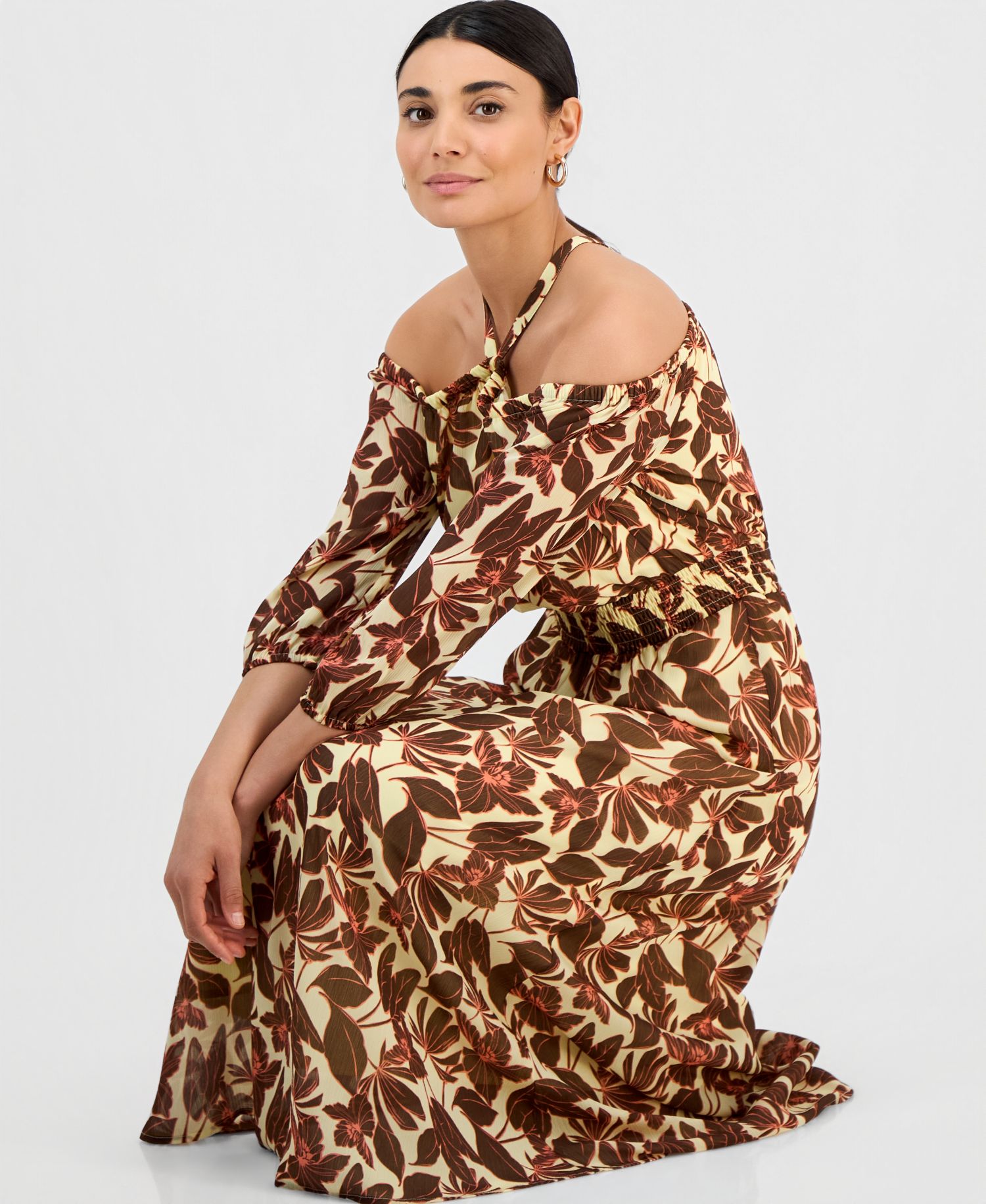 Petite Printed Halter Smock-Waist Maxi Dress