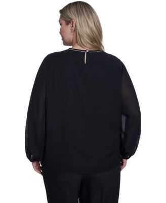 Plus Size Crew Neck Long-Sleeve Blouse