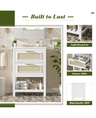 24 Inch Freestanding Bathroom Vanity with Ceramic Sink, Flip-Out Drawer & Modern Storage for Small Spaces