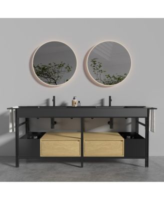 Industrial Double Bathroom Vanity with Artificial Stone Sinks, Large Freestanding Bathroom Vanity without Faucet