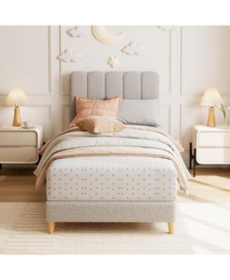 Boucle Twin XL Bed Frame with Wave Headboard - Upholstered Platform Bed for Girls & Kids, Wood Slat Support