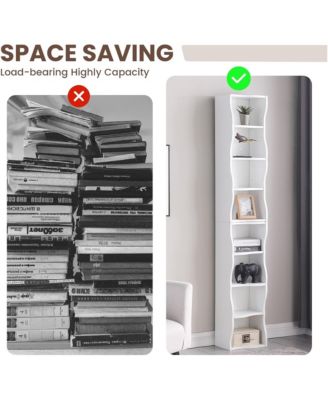 8-Tier Tall Narrow Bookshelf - A Wavy Border Design, Adjustable Shelves, Freestanding Display Bookcase for Living Room, Home Office