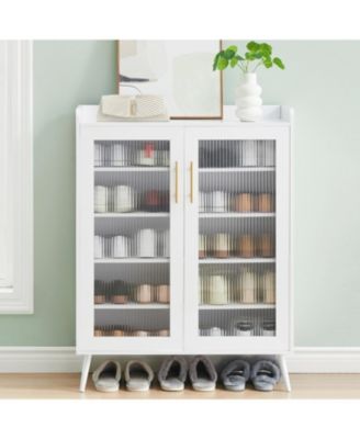 5-Tier Shoe Storage Cabinet with Glass Doors Adjustable Shelves Sturdy Support Legs Entryway and Hallway Shoe Organizer Rack