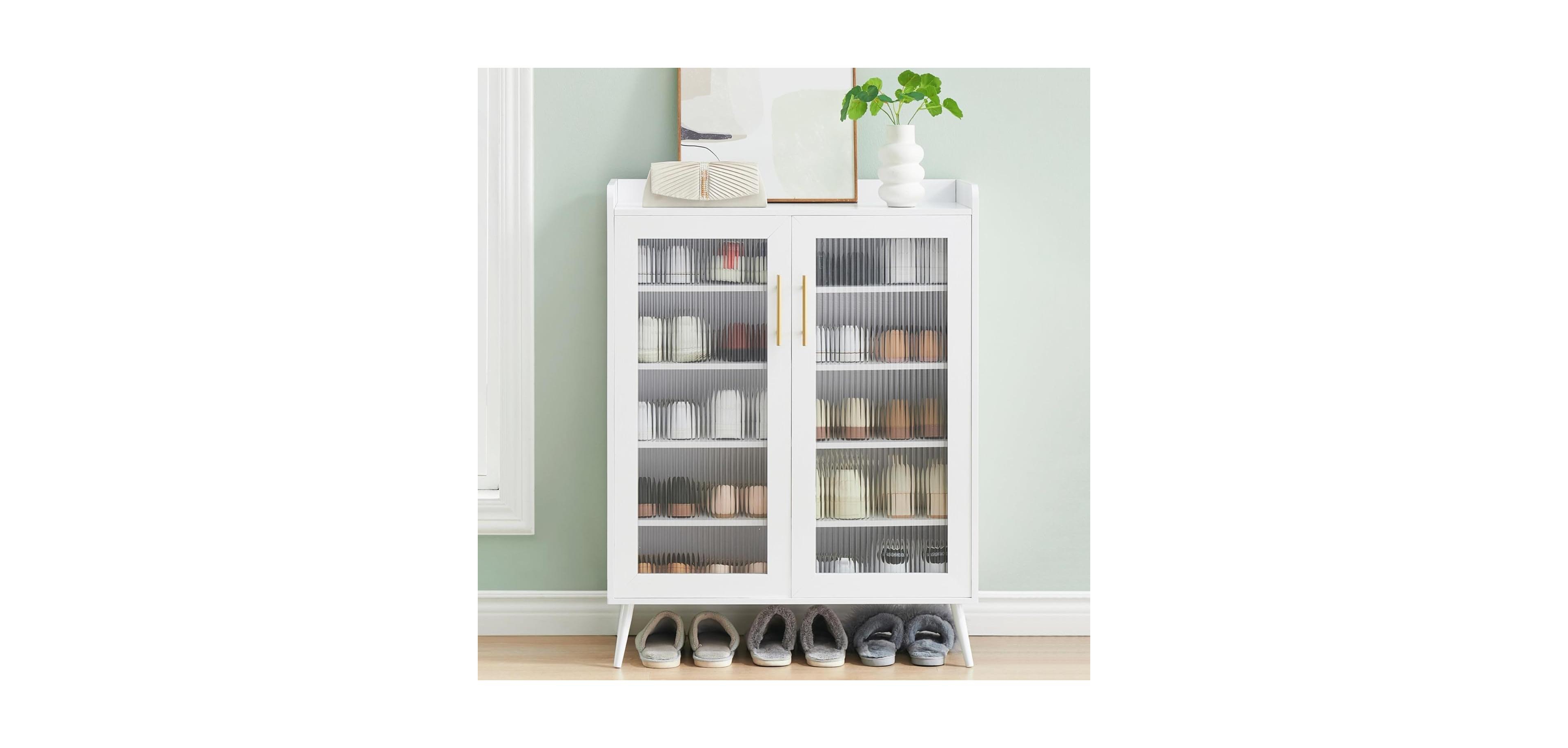 gaomon 5-Tier Shoe Storage Cabinet with Glass Doors Adjustable Shelves Sturdy Support Legs Entryway and Hallway Shoe Organizer Rack
