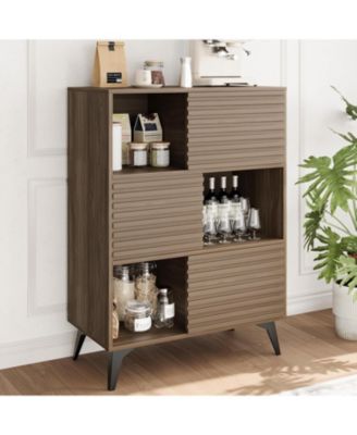 31" Fluted Sliding Door Sideboard,Modern Wooden Storage Cabinet with Metal Base, Floor-Standing Storage Cabinet