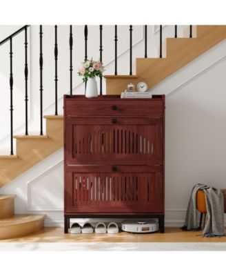 Shoe Storage Cabinet with 2 Flip Drawer, Shoes Organizer with with Top Drawer，Hollow Out Panel & Black Square Handles