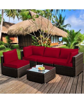 5PCS Rattan Patio Conversation Set Sofa Furniture Set w/ Cushions