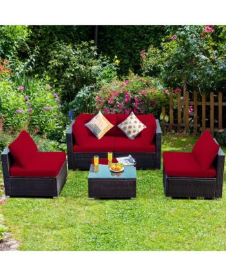 5PCS Rattan Patio Conversation Set Sofa Furniture Set w/ Cushions