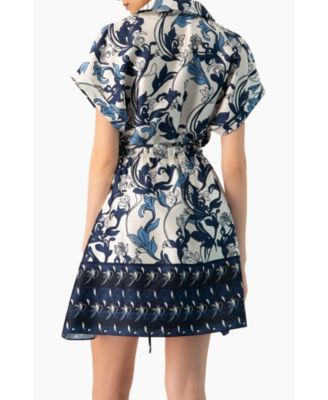 Women's Short Printed Dress with Dropped Sleeves