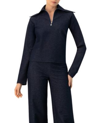 Women's Ribbed Knit Sweater with Neckline Zipper