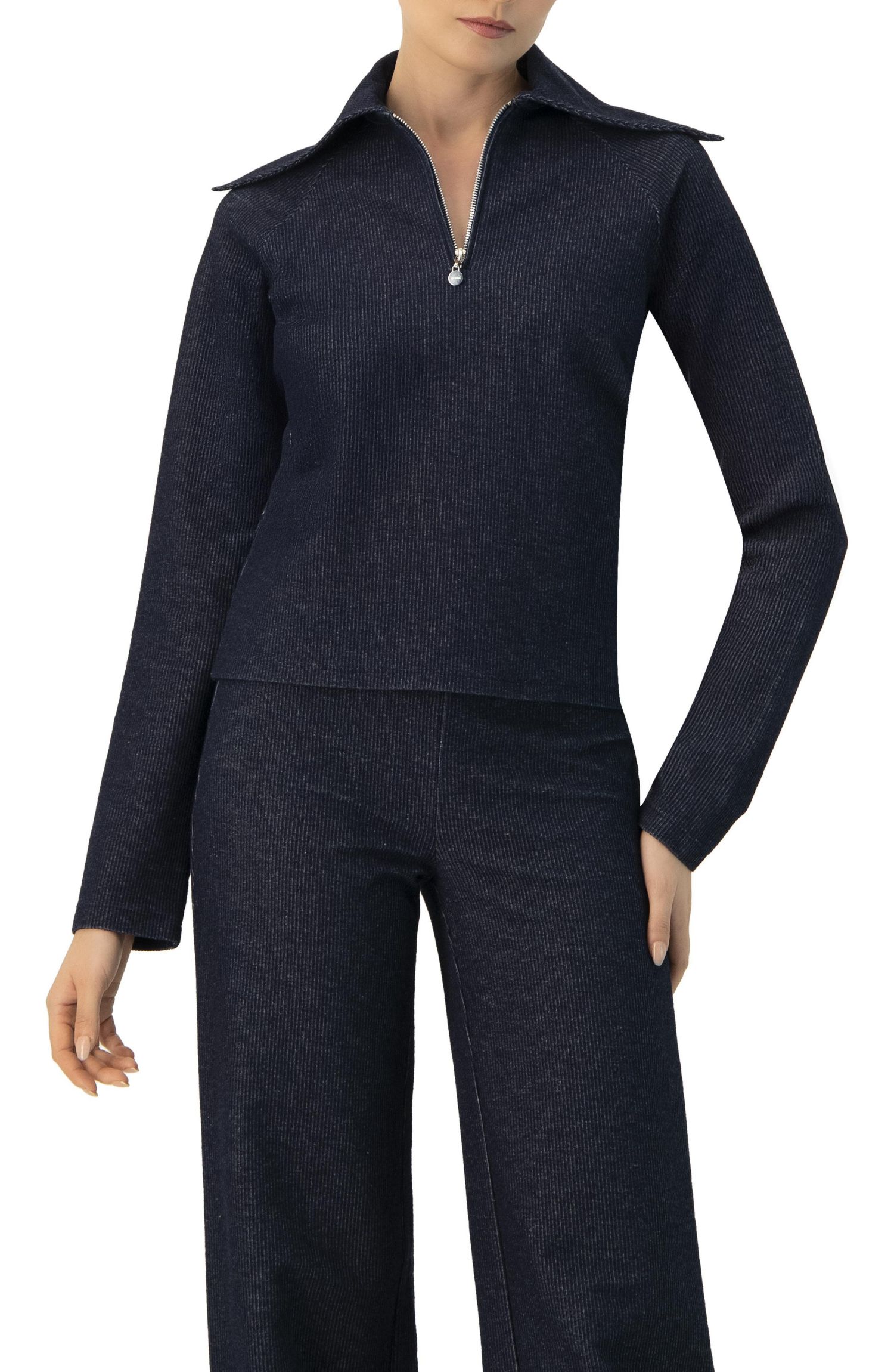 Women's Ribbed Knit Sweater with Neckline Zipper