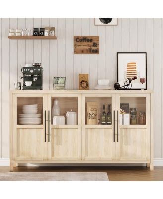 Buffet Cabinet with 4 Glass Doors, Modern Farmhouse Sideboard with Storage
