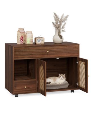 Cat Litter Box Enclosure - Stylish Cabinet on Wheels with Drawers for Easy Movement and Storage