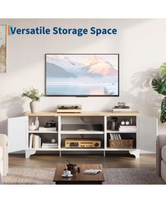 Rattan TV Stand Fits TVs up to 65 inches, Entertainment Center with Cabinets and Open Shelves