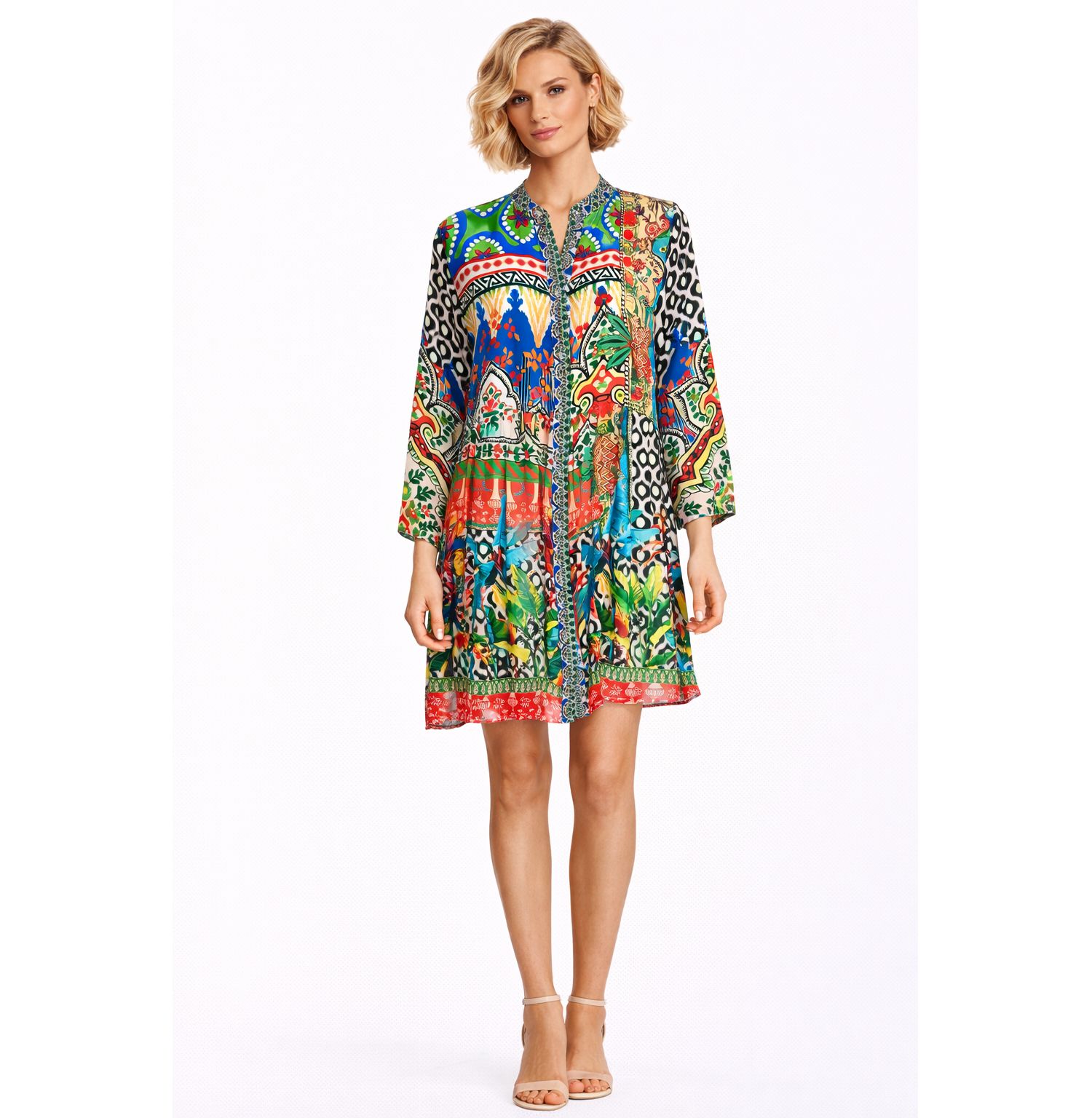 Women's Short Asymmetrical Dress with V-Neck and Mid-Length Sleeves