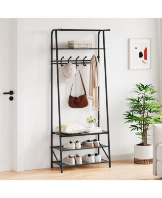 Hall Tree with 5 Hooks, 4-In-1 Entryway Coat Rack and Shoe Storage Bench