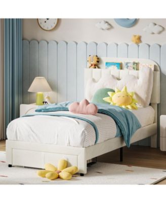 Set of 2 Bed Frame for Kids, Upholstered Platform Bed with Large Storage Drawer and Bookcase Headboard, Girls Boys Bed, Noise-Free